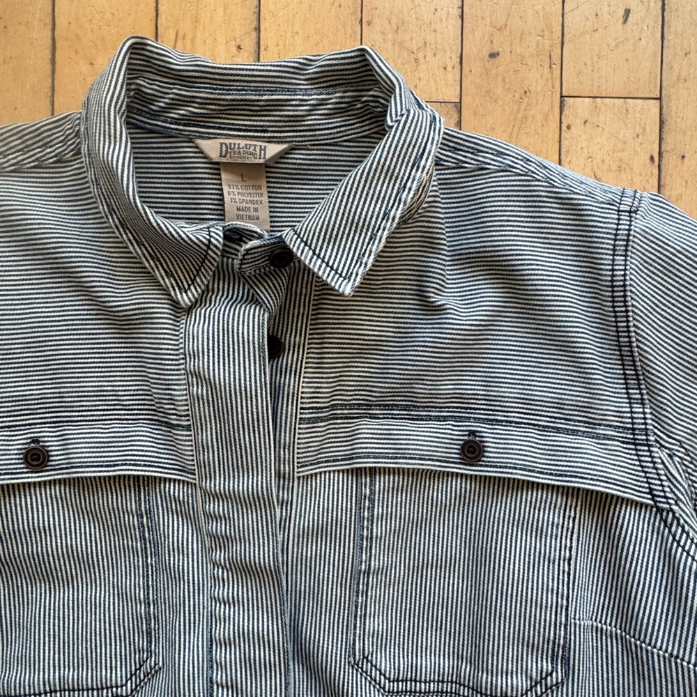 Duluth Trading Co Navy and White Striped Denim Dress with great details